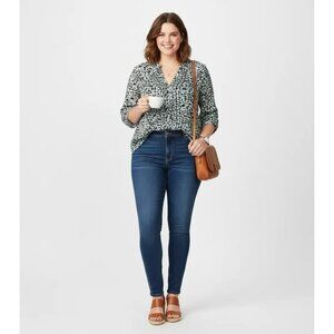 DKNY Women’s 3/4 Sleeve Printed Split-Neck Pleated Front Peasant Top Size Large